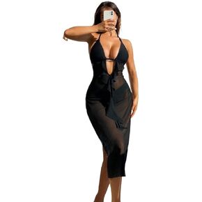 Women Swimsuit Cover Up Summer Beach Side Slit Mesh Backless Cover Up Dress