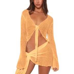 Women Swimsuit Cover Up Sexy Knotted Long Sleeve Cover Up Top & Slip Skirt Summer