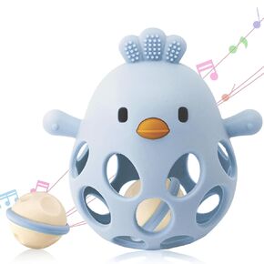 2-in-1 Baby Teething Toy, Easy Grasp Oball Rattle & Teether Toy for Babies 0-12 Months, 100% Food Grade Silicone, 3-6 6-12 Month Baby Teething Relief Toy, BPA Free