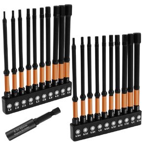 بتأثير بتات حفر سداسي سداسي مع مقبس تمديد ، 20pcs 4 "Long Allen Wrench hex-bit مجموعة مغناطيسية ، متري و SAE ، S2 Steel 1/4" مع صندوق تخزين (20pcs أسود برتقالي)
