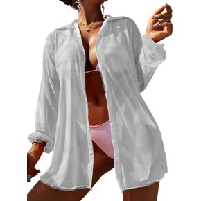 Women Swimsuit Cover Up Mesh Printed Sunscreen Long Sleeve Beachwear