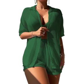Women Swimsuit Cover Up Collar Short Sleeve Blouse And Shorts Cover Up Set