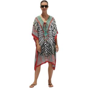 Tropical Print Beach Kaftan Cover-up, V-Neck, Floral Palm Design, One Size fits all