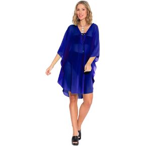 Women's Sheer Kaftan Beach Cover-Up – Royal Blue Short Tunic with Lace-Up Neck, One Size, Kimono Sleeve