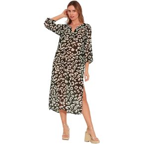 Leopard Print Midi Beach cover up, V-Neck, 3/4 Sleeve, Side Slit, Black and White,Free Size