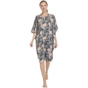 Women's Abstract Print Kaftan Cover up Dress, Kimono Sleeve, Gray and Peach Pattern
