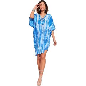 Women's Tie-Dye Beach Cover Up Dress, Blue and White, Lace-Up V-Neck, One Size fits all