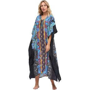 Women's Bohemian Printed Long Kaftan Cover up | One Size Fits | Soft Polyester Maxi Cover-Up
