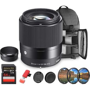 Sigma 30mm f/1.4 DC DN Contemporary Lens Sony E (MFR Part # 302965) Bundle. Ideal for Professional Portraits Weddings Indoor/Outdoor Adventure, Wildlife, Travel and Photography use + Accessories