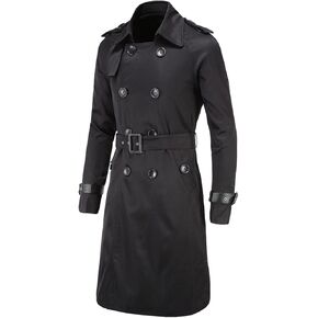 Maiyifu-GJ Men's Double Breasted Trench Coat Stylish Slim Fit Mid Long Belted Windbreaker Lapel Military Jacket with Belt