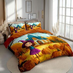 3PCS Cartoon Witch Girl & Haunted House Duvet Cover California King Bedding Sets, Dark Brown Soft Microfiber Quilt Cover, 2 Pillow Cases for Boys Girls Toddler Kids Bedding