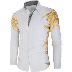 Mens Print Button Down Dress Shirt Shiny Golden Printed Long Sleeves Shirts Casual Floral Nightclub Shirt Costume