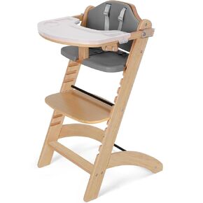 Cowiewie New Upgrade 3-in-1 Convertible Wooden High Chair for Babies & Toddlers 10 Levels Adjustable 3-Tier Remove & 2 Adjustable Wood Tray, 2 Waterproof Cozy Cushions Grey