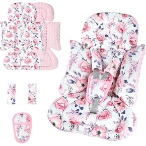 SWESEN Infant Car Seat Insert with 3 Strap Covers Set, Car Seat Head Support Baby for Girls, Soft 3 in 1 Baby Car Seat Cushion for Strollers, Bouncers, Swing, Pink Floral in Saudi Arabia