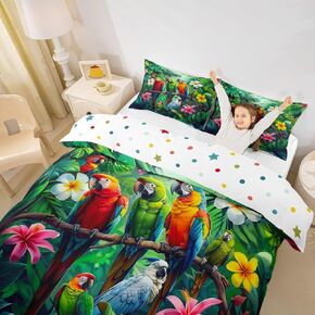 Erosebridal Jungle Parrot Toddler Bedding Set for Kids Boys Girls,Bird Animal Comforter Cover Tropical Plant Duvet Cover Green Palm Leaf Nature Botanical Quilt Cover