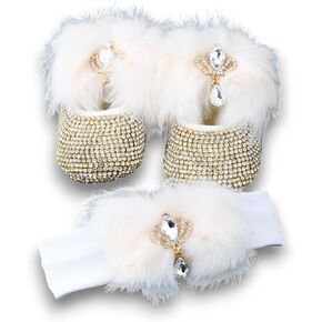 Bling Rhinestone and Faux Fur Detail Newborn Baby Girl Shoes and Headband Set Cream