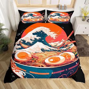 jejeloiu Japanese Wave Duvet Cover Toddler Size Kids Ocean Wave Comforter Cover Set for Boys Girls Teens Red Cherry Blossoms Bedding Set Sea Waves Bedspread Cover Quilt Cover