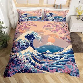 jejeloiu Japanese Wave Duvet Cover Toddler Size Kids Ocean Wave Comforter Cover Set for Boys Girls Teens Mount Fuji Bedding Set Sea Waves Bedspread Cover Bird Quilt Cover