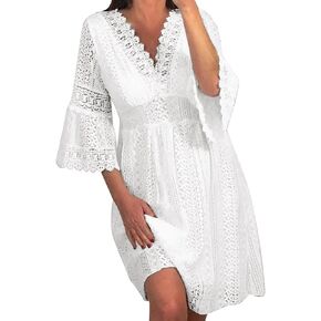 Lace Short Dress for Women Three Quarter Flare Sleeve V Neck A Line Ruffle Casual Mini Dresses 2025 Summer Sundress