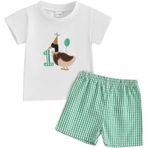 Sasaerucure Baby Boy First Birthday Clothes One Year Old Boy Outfit Short Sleeve Mallard Duck Shirts + Plaid Shorts Set