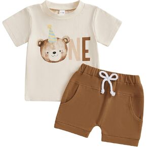 Baby Boy First Birthday Outfit Short Sleeve Bear Print Shirt Shorts Sets Cake Smash Clothes 2Pcs