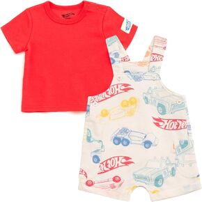 Hot Wheels Baby French Terry Square Neck Short Overalls and T-Shirt Outfit Set Newborn to Infant Sizes (Newborn - 24 Months)