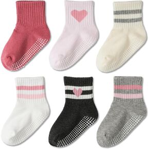 Toddler Grip Socks with Non-Slip, Unisex Baby Retro Stripe Seamless Crew Ankle Cotton Socks for Girls Boys 6 Pairs