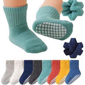 Plus Velvet 8 Pairs Baby Boys Girls Grips Crew Socks Non Slip Ankle Socks Infant Cotton Baby Socks for Toddler, Kids
