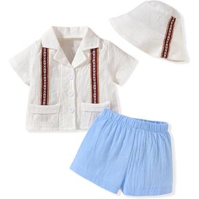 Toddler Baby Boy Summer Outfit Embroidered Mexican Guayabera Shorts Set with Hat