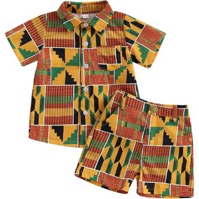 Toddler Baby Boy African Clothes Kente Print Button Down Short Sleeve Shirt and Shorts Set Dashiki Ankara Outfit