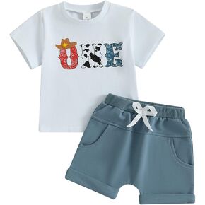 Bagilaanoe Western First Birthday Baby Boy Outfit Cow 1 Short Sleeve T-Shirt Shorts Set 1st Birthday Clothes Summer