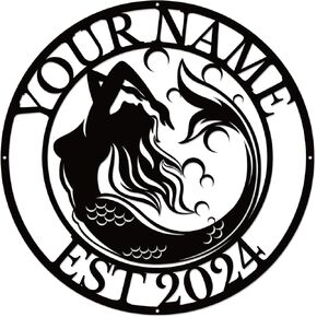 Personalized Mermaid Name metal Signs,Custom Shed Metal Wall Decor,Black Metal Wall Art Decor,Home Metal Signs Plaques,Outdoor wall Decorative Signage (Style D)