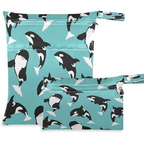 Kigai Killer Whale Pattern 2PCS Wet Dry Bags Wet Dry Bag for Baby Diapers Waterproof Reusable with Handle Yoga Gym Bag for Swimsuits or Wet Clothes