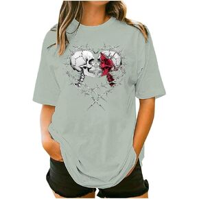 Heart Skull T-Shirt for Women Funny Skull Face Graphic Shirts Vintage Summer Casual Short Sleeve Tops Oversized Tee