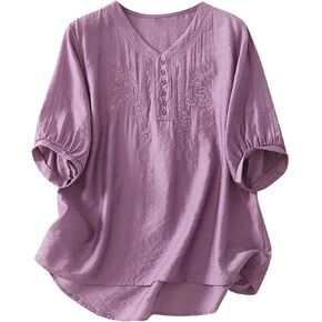 Boho Embroidery Tops for Women Trendy Short Sleeve Shirts Casual V Neck Tunic Blouses Beach Vacation Outfits Clothes