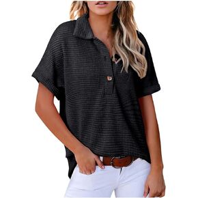 Waffle Knit Sweater Tops for Women Collared V Neck Short Sleeve Casual Shirts Loose Fit Summer Tunic Tops Blouses