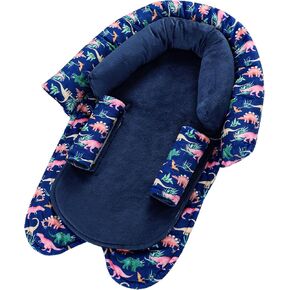 SWESEN Baby Car Seat Head Support, Super Soft 2 in 1 Infant Car Seat Insert, Reversible Newborn Car Seat Insert Cushion with Strap Covers for Strollers, Bouncers, Swing, Navy Dinosaur