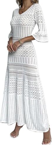swimsuit coverup for women Sleeve Knit V-Neck Hollow Out Long Sleeve Midi Knit Beach Dress in Saudi Arabia