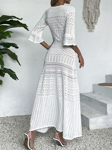 swimsuit coverup for women Sleeve Knit V-Neck Hollow Out Long Sleeve Midi Knit Beach Dress in Saudi Arabia