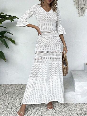 swimsuit coverup for women Sleeve Knit V-Neck Hollow Out Long Sleeve Midi Knit Beach Dress in Saudi Arabia