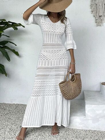 swimsuit coverup for women Sleeve Knit V-Neck Hollow Out Long Sleeve Midi Knit Beach Dress in Saudi Arabia