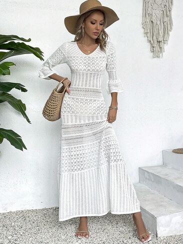 swimsuit coverup for women Sleeve Knit V-Neck Hollow Out Long Sleeve Midi Knit Beach Dress in Saudi Arabia