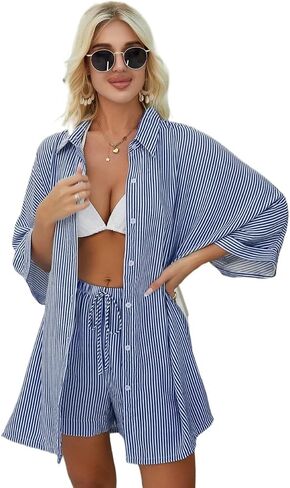 swimsuit coverup for women Blue & White Striped 3/4 Sleeve Shirt And Shorts in Saudi Arabia