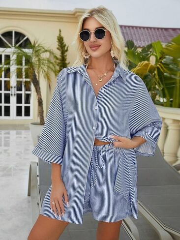 swimsuit coverup for women Blue & White Striped 3/4 Sleeve Shirt And Shorts in Saudi Arabia