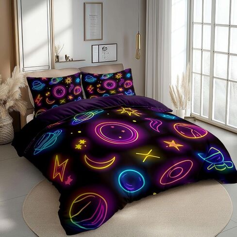 3pcs Neon Flickering Space Icons Cover Cover Cover California King Bedding Sets ، غطاء لحاف الألياف الداكنة الأرجواني الداكنة ، وحالات وسادة للبنات طفل الأطفال الصغار in Kuwait