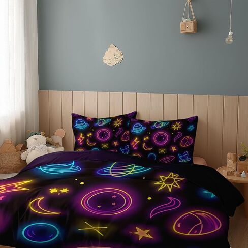 3pcs Neon Flickering Space Icons Cover Cover Cover California King Bedding Sets ، غطاء لحاف الألياف الداكنة الأرجواني الداكنة ، وحالات وسادة للبنات طفل الأطفال الصغار in Kuwait