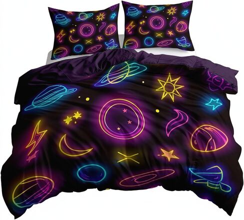 3pcs Neon Flickering Space Icons Cover Cover Cover California King Bedding Sets ، غطاء لحاف الألياف الداكنة الأرجواني الداكنة ، وحالات وسادة للبنات طفل الأطفال الصغار in Kuwait