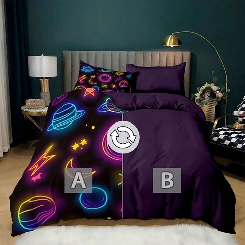 3pcs Neon Flickering Space Icons Cover Cover Cover California King Bedding Sets ، غطاء لحاف الألياف الداكنة الأرجواني الداكنة ، وحالات وسادة للبنات طفل الأطفال الصغار in Kuwait