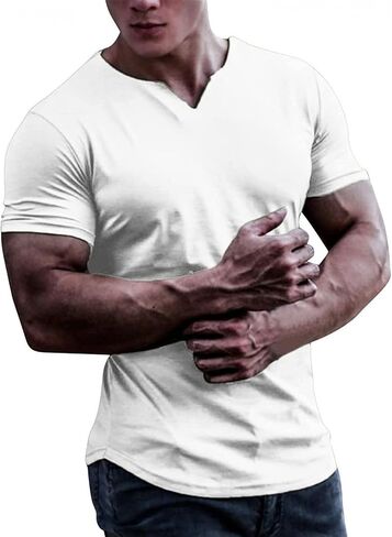 Maiyifu-GJ Men's Short Sleeve V Neck Henley Shirts Solid Slim Fit Fitted Gym Workout Tee Casual Athletic Sport T-Shirt in Saudi Arabia