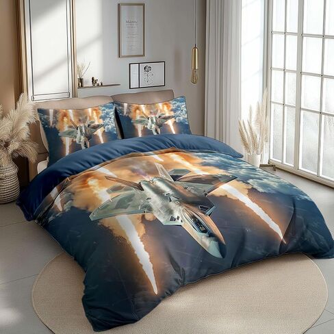 3pcs Military Raptor Fighter Jet Davet Cover Cover California King Bedding Sets ، Grayish Blue Soft Sevel Cover ، اثنين in Kuwait